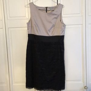 Taupe and black lace dress.